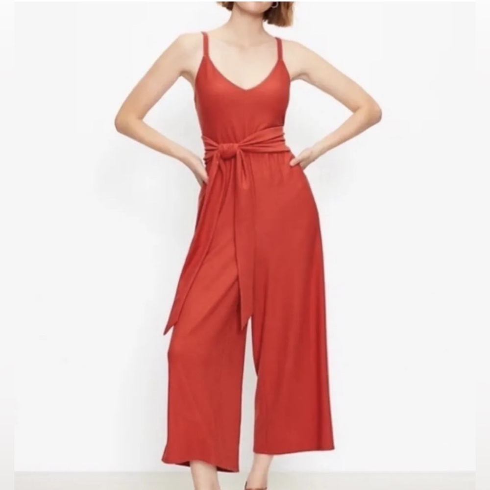 XL LOFT Women Wide Leg Burnt Orange Ribbed Boho Sleeveless Crossback Tie Jumpsui